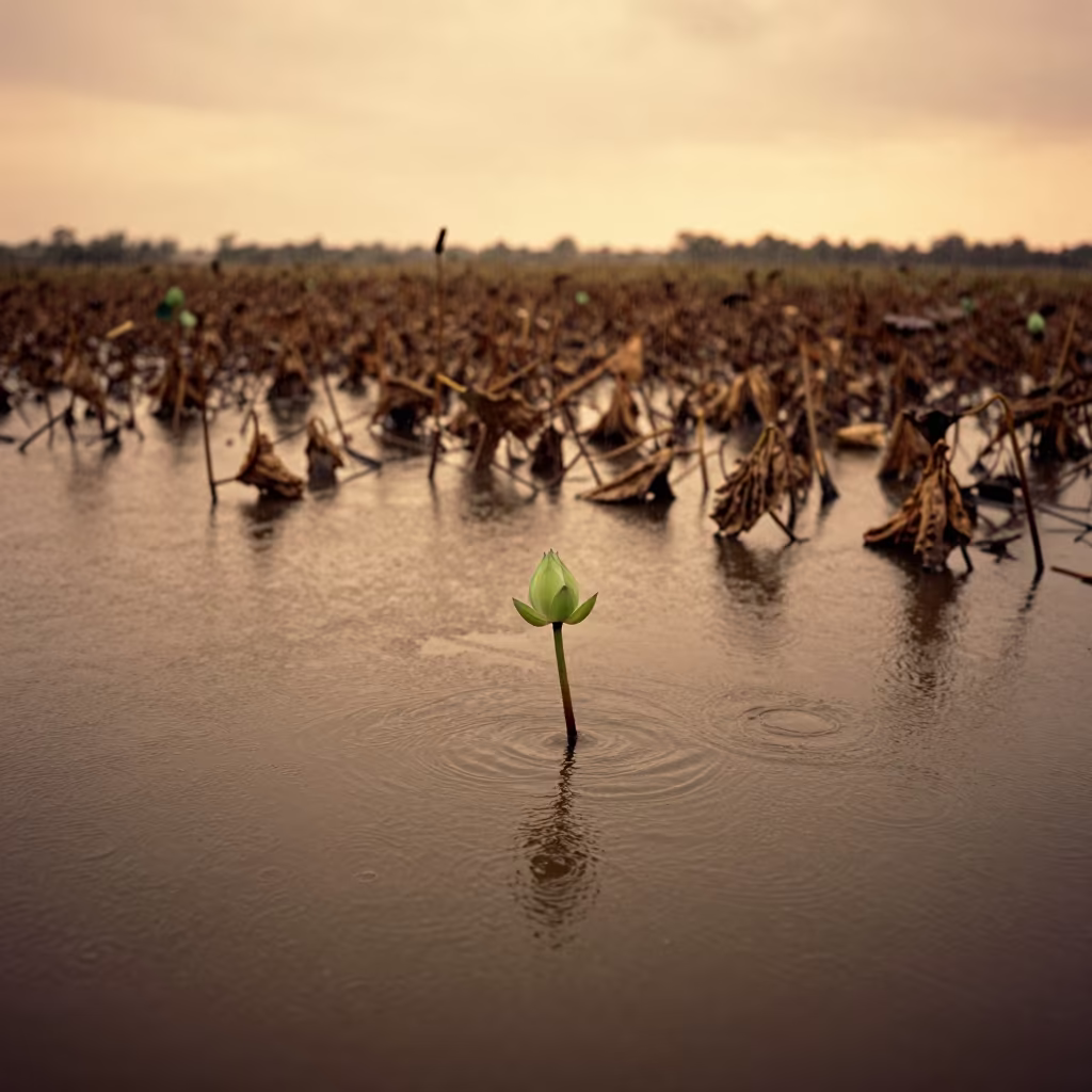 Lotus Bud Rising in Missouri Drizzle at Sunset in in Missouri