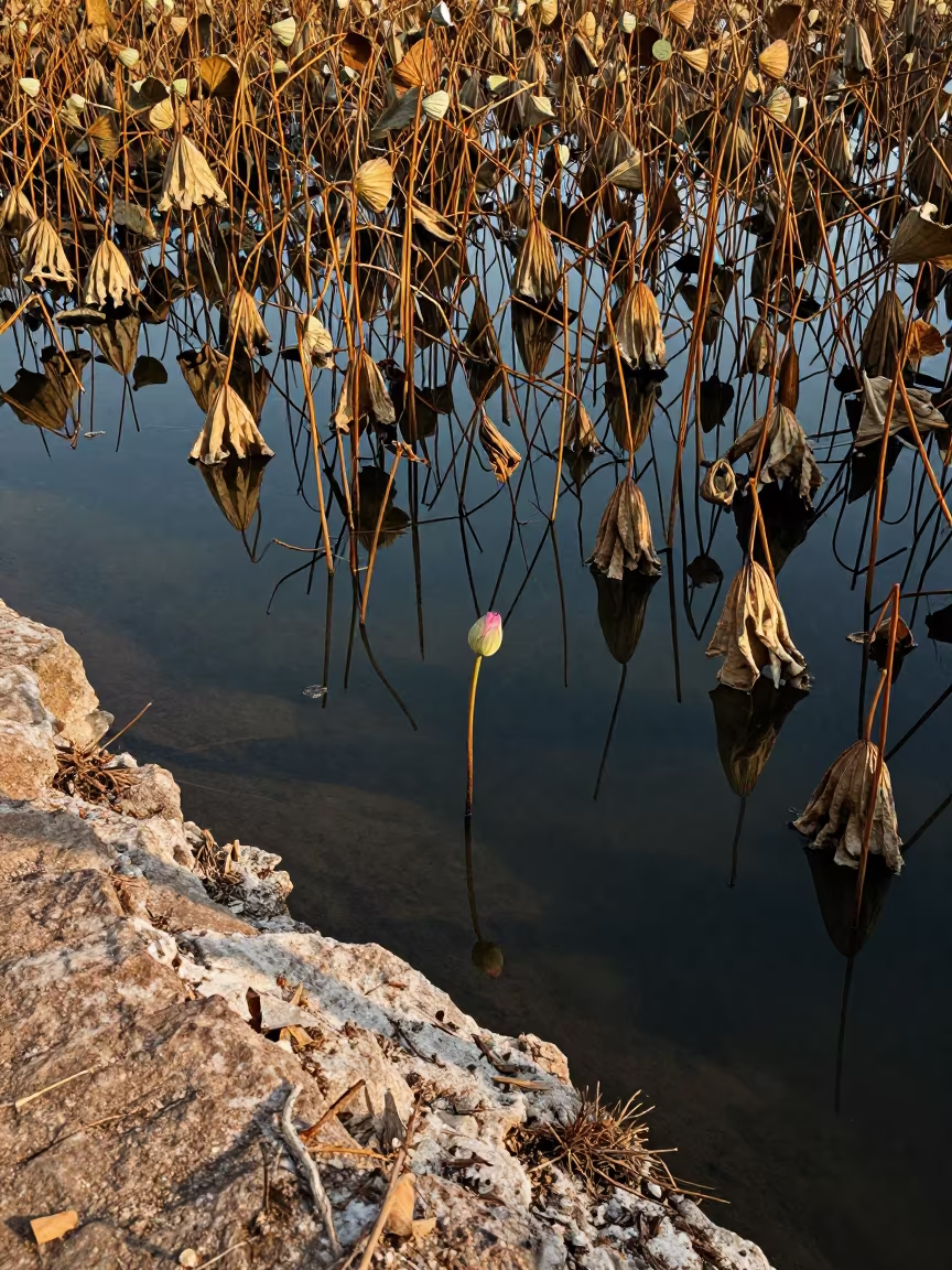 Lotus Bud on Qingdao Cliff Edge in along a salt-sprayed cliff edge near Qingdao
