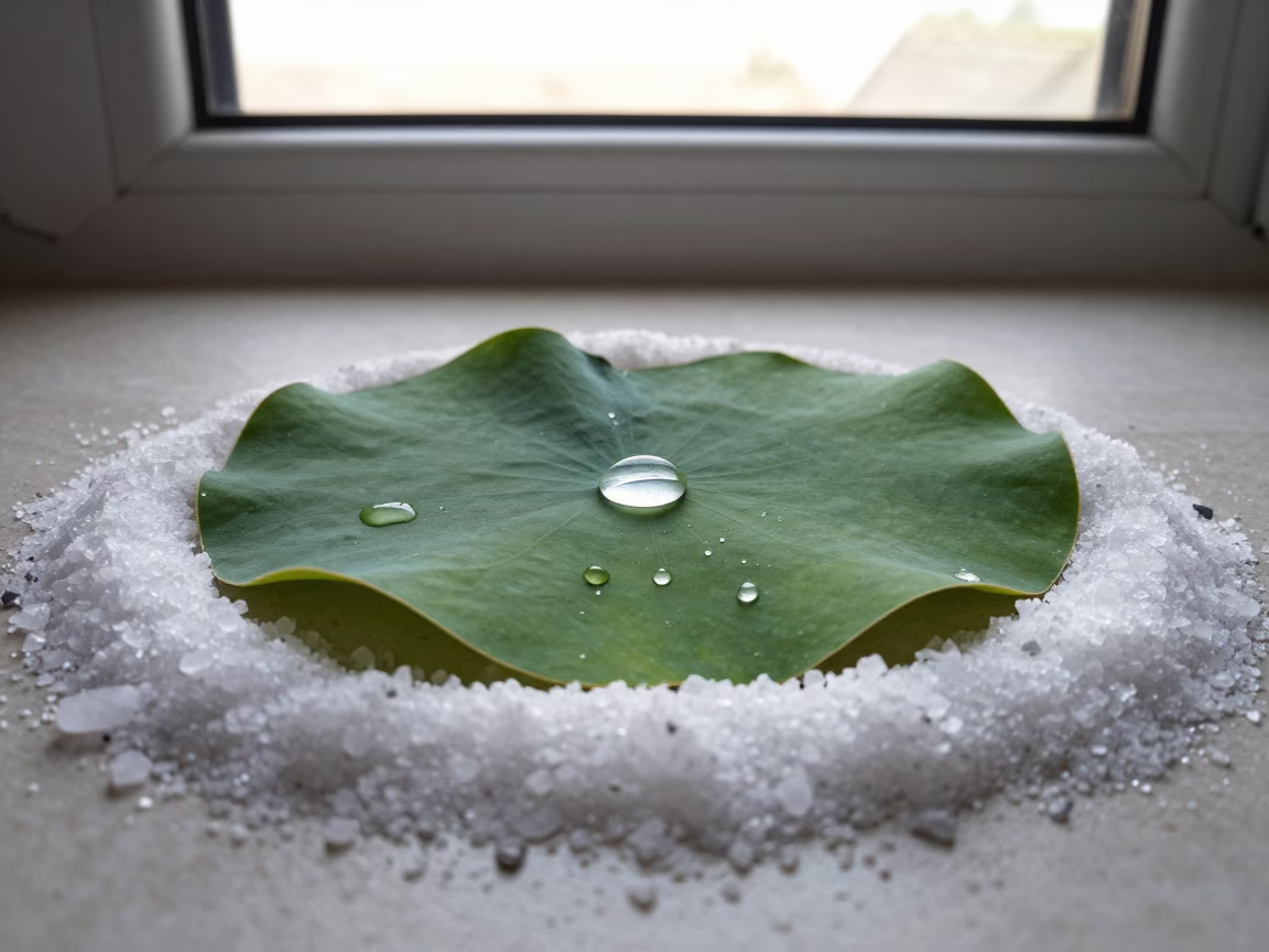 Lotus Droplet on Salt Crystals Praia in on salt crystals along a pan rim in Praia