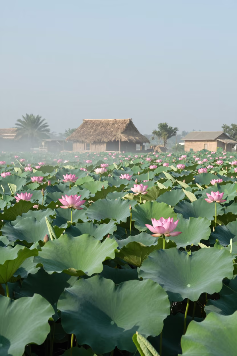 Lotus Field Amidst Midday Fog in Vietnam in near Ahvaz