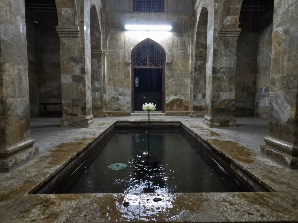 Lotus Flower Blooms Between Stone Steps in Raqqa Nave in inside a candlelit nave in Raqqa