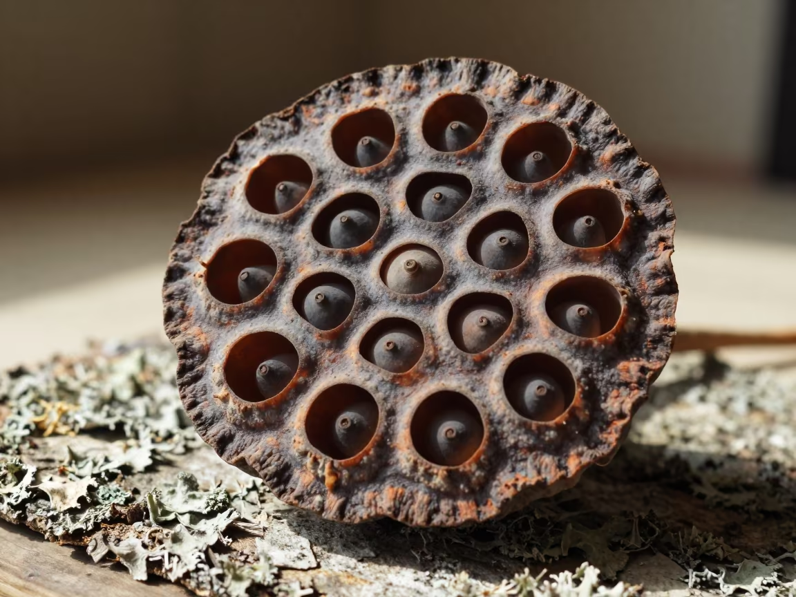 Lotus Seed Pod Honeycomb Holes Yamoussoukro in on lichen-covered bark near Yamoussoukro