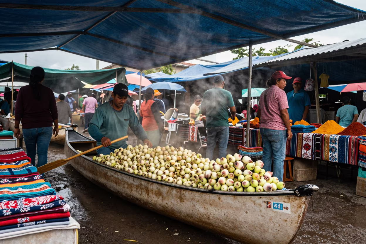 Lotus Vendor in Canoe at Textile Stall Ciudad Bolívar in at a textile trader's stall in Ciudad Bolívar