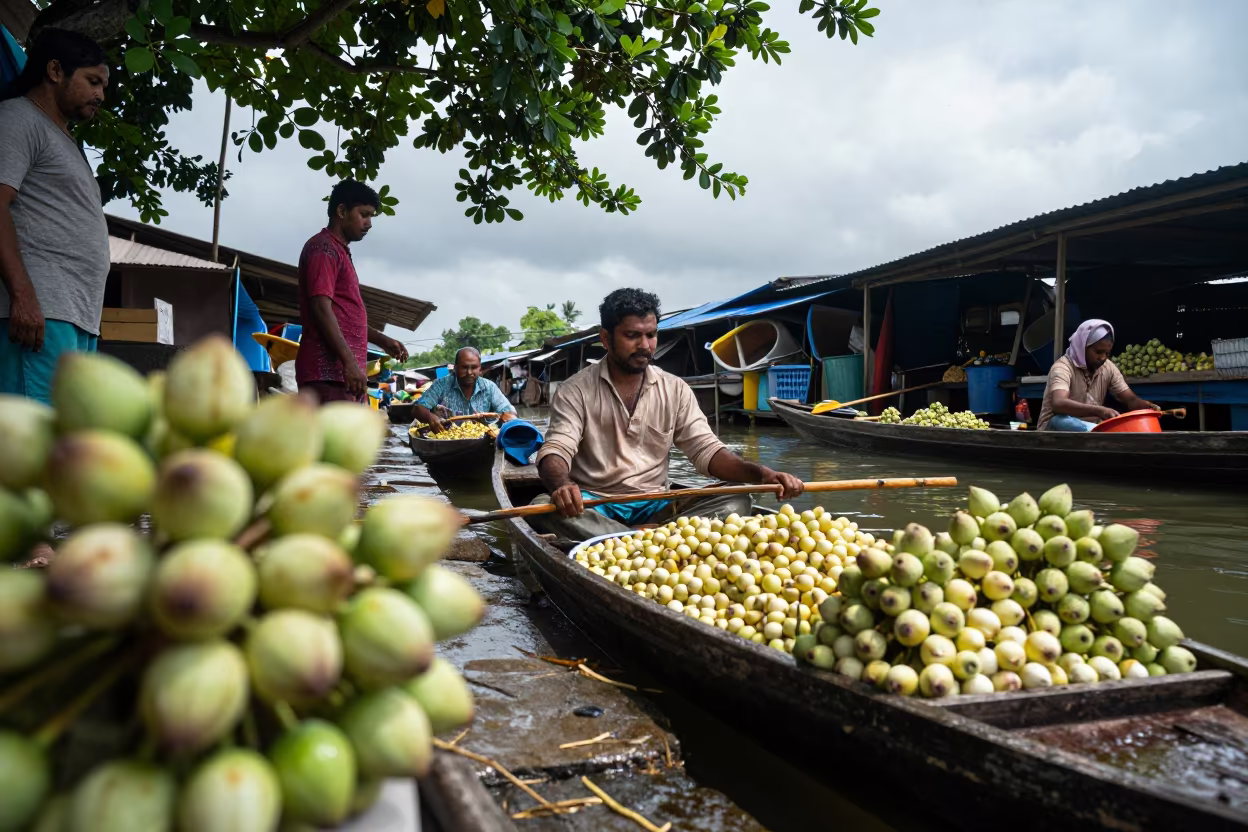 Lotus Vendor in Monsoon Varkala Market in in a flea market lane in Varkala