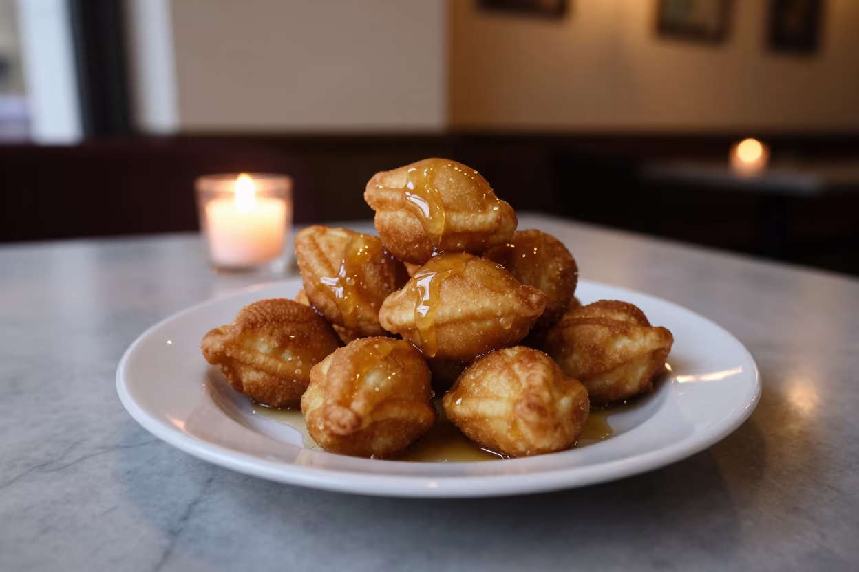 Loukoumades Honey Drizzle on Marble Cafe Table in on a marble cafe table in Dhaka