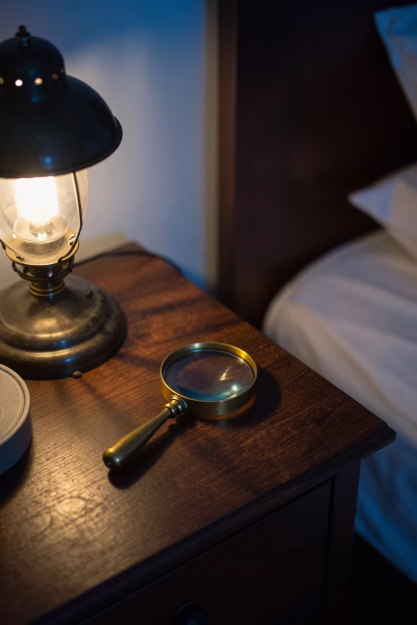 Loupe on Shelf Under Archival Lamp in on a bedside table near St Petersburg
