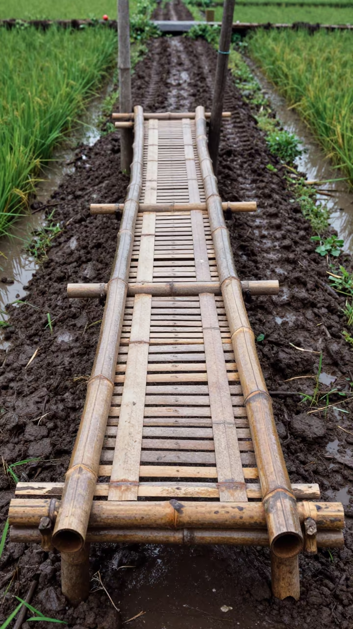 Low Angle Bamboo Footbridge Over Rice Paddy Soil in beside a tractor track through dark soil near Jakarta
