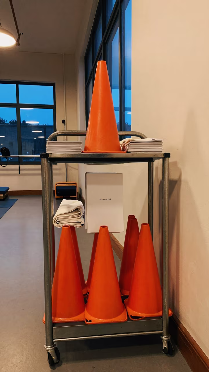 Low Angle Court Cone Stack Cart in Wuhan Studio in inside a yoga studio before the session begins near Wuhan