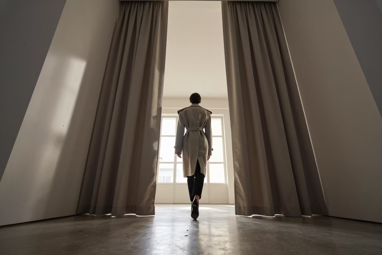 Low Angle Fashion Runway Entrance in under runway rehearsal lights in Van