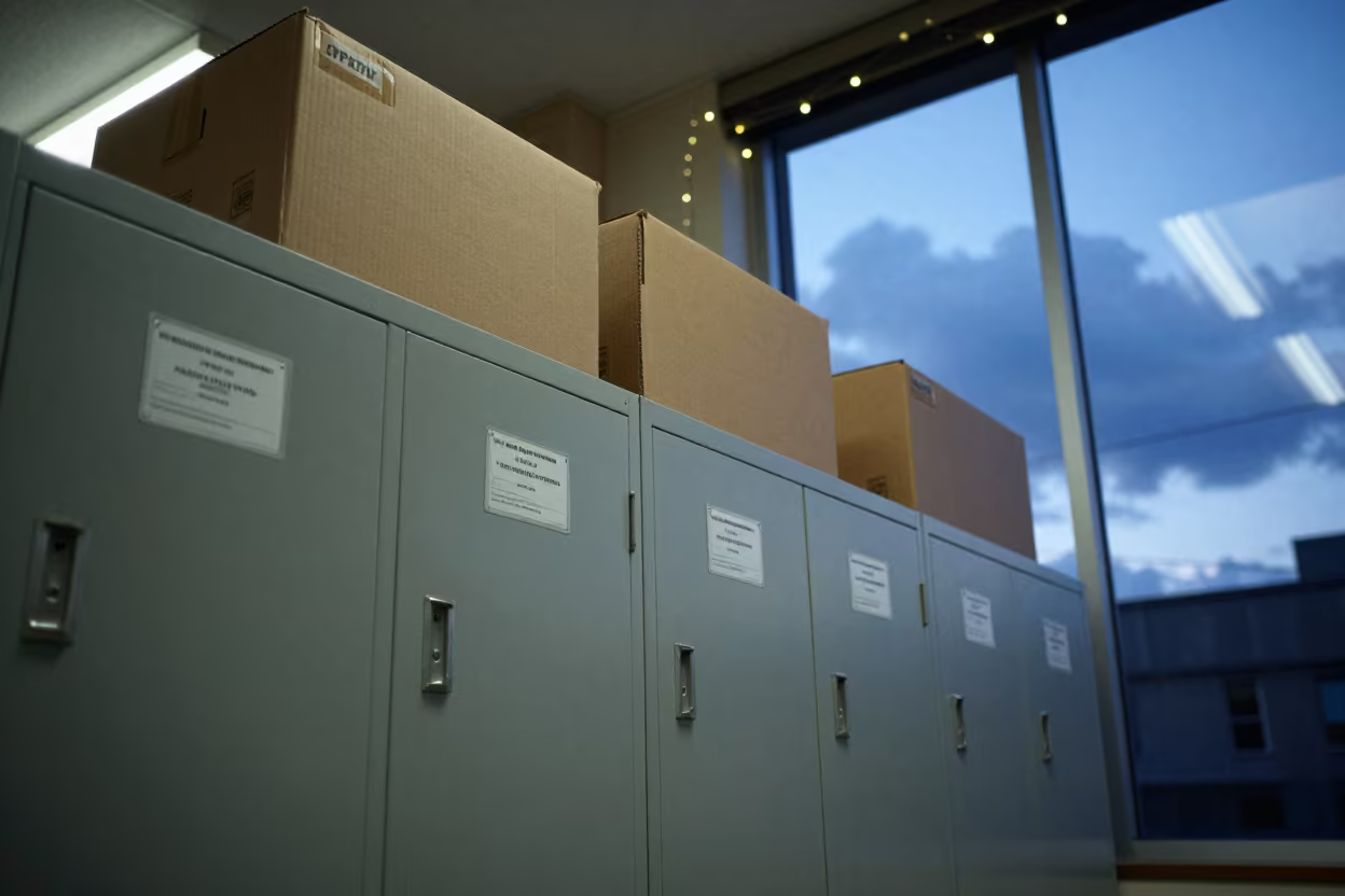 Low Angle File Room in Hama Town Hall in in a fluorescent town hall meeting room in Hama