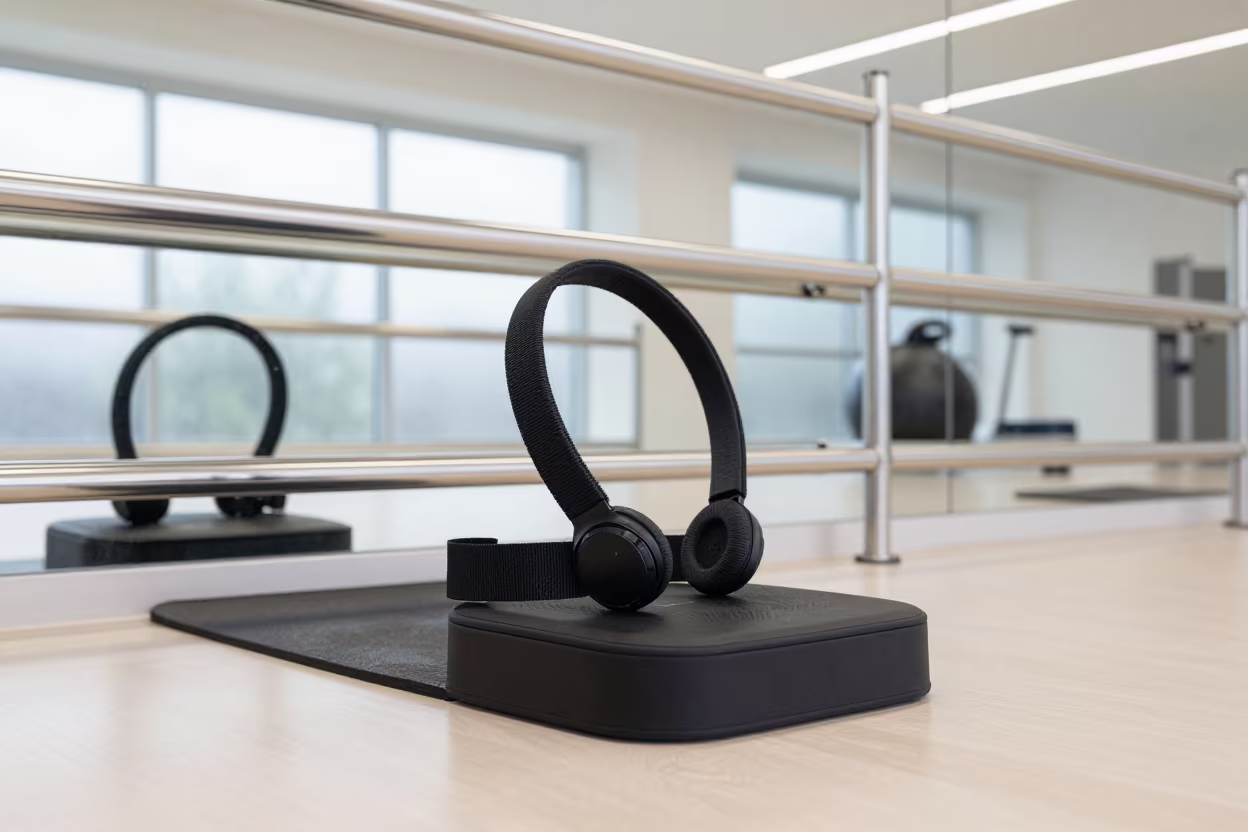 Low Angle Fitness Headset Dock Near Mirrors in inside a mirrored studio cleared for class near Mascara