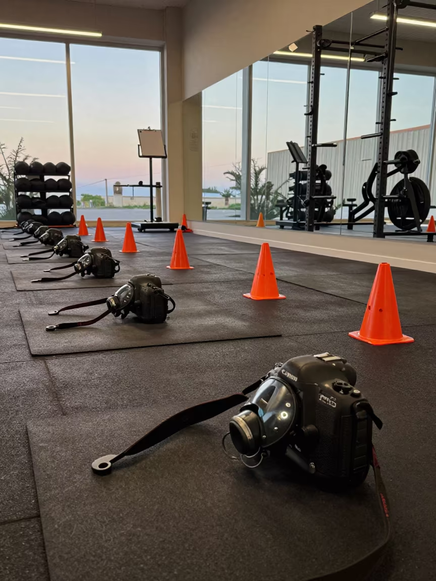 Low Angle Fitness Lab with Masks and Cones in inside a strength room in Latakia