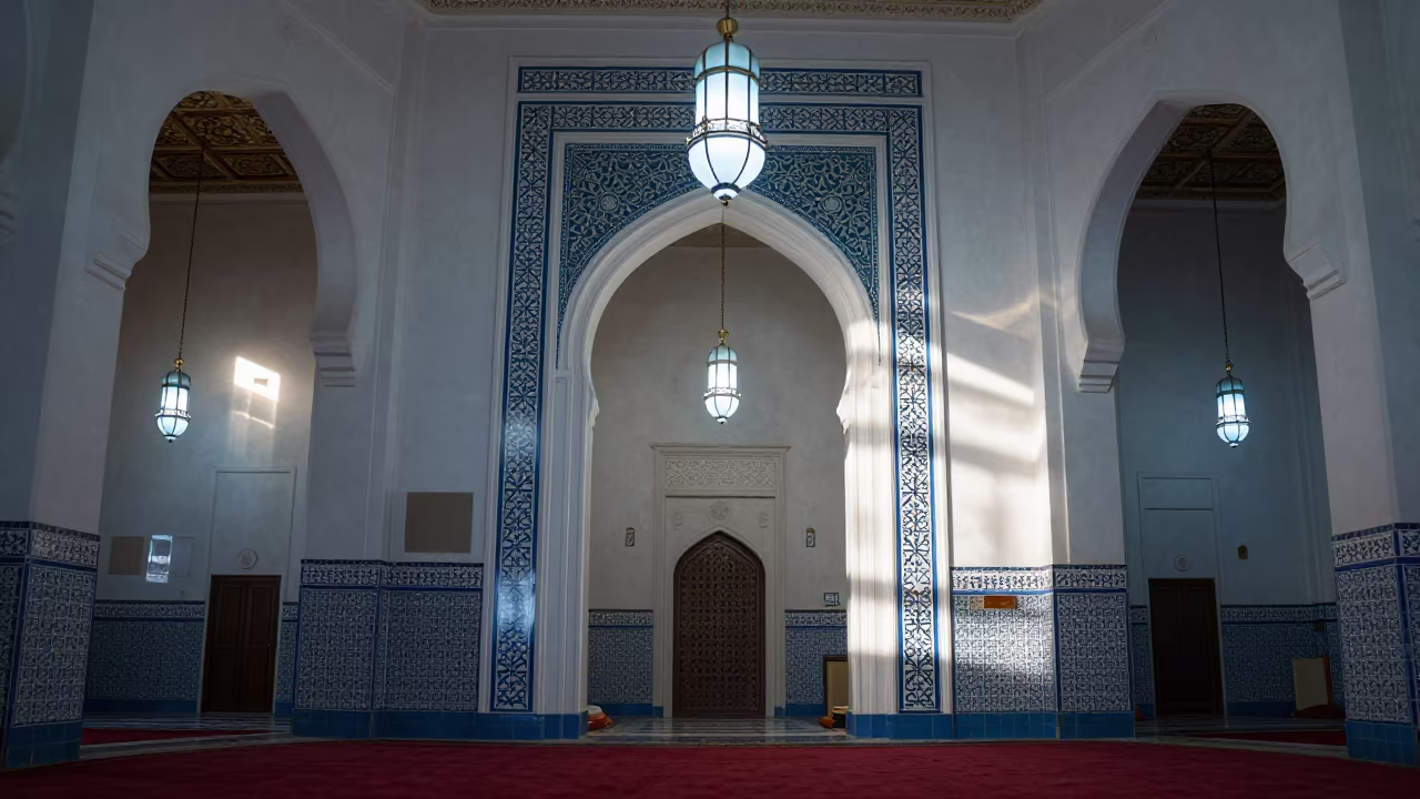 Low Angle Mosque Mihrab Niche Hanging Lamp in beside a prayer wheel corridor in Abu Dhabi