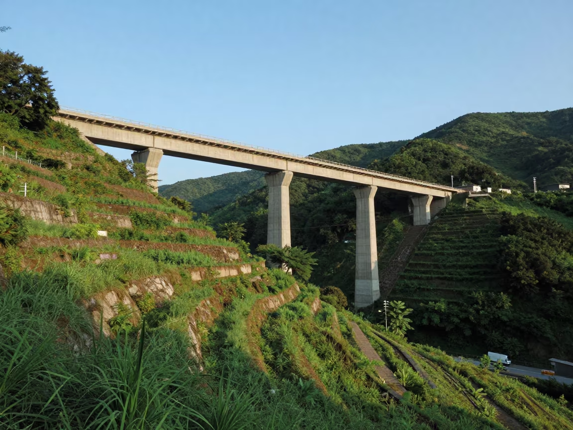 Low Angle Railway Viaduct Over Terraced Hills in along a bridge maintenance walkway in Tohoku