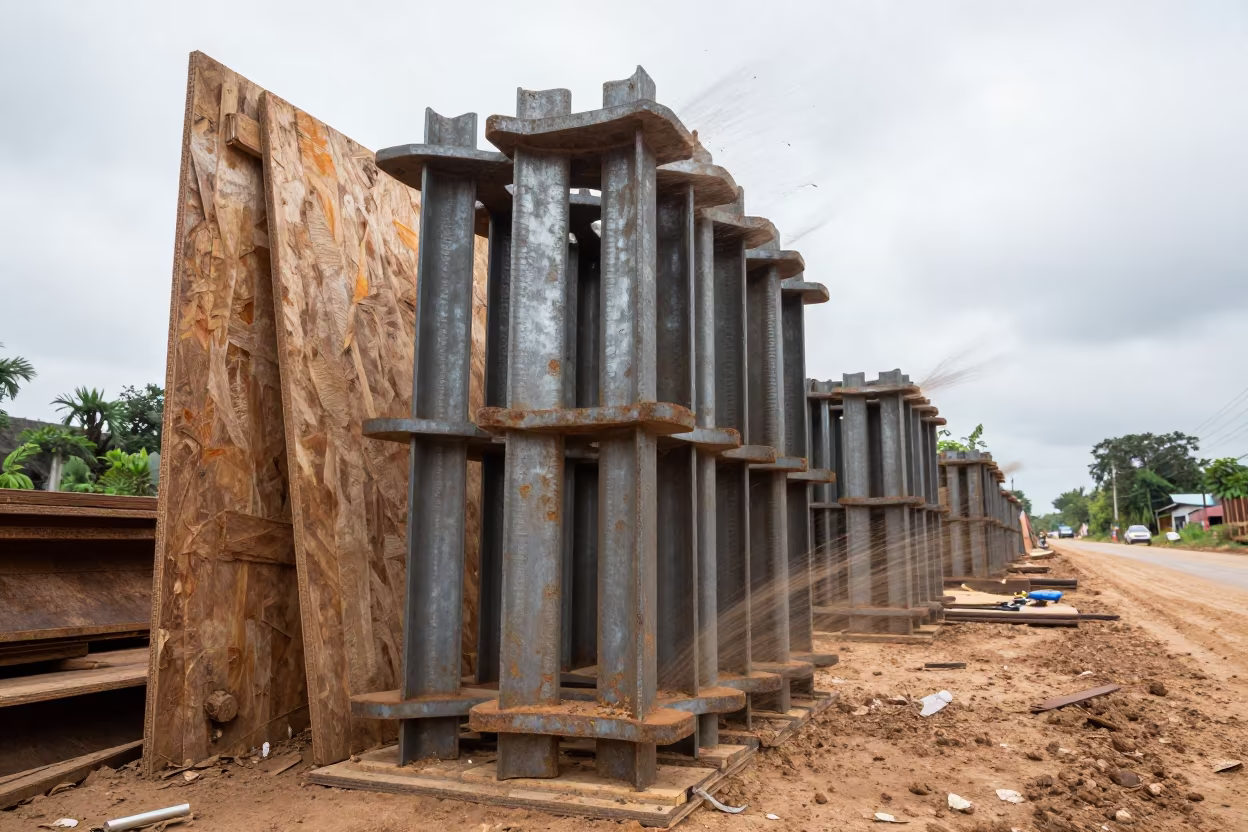 Low Angle Shoring Jack Stack on Muddy Road in at a muddy site access road in Cambodia