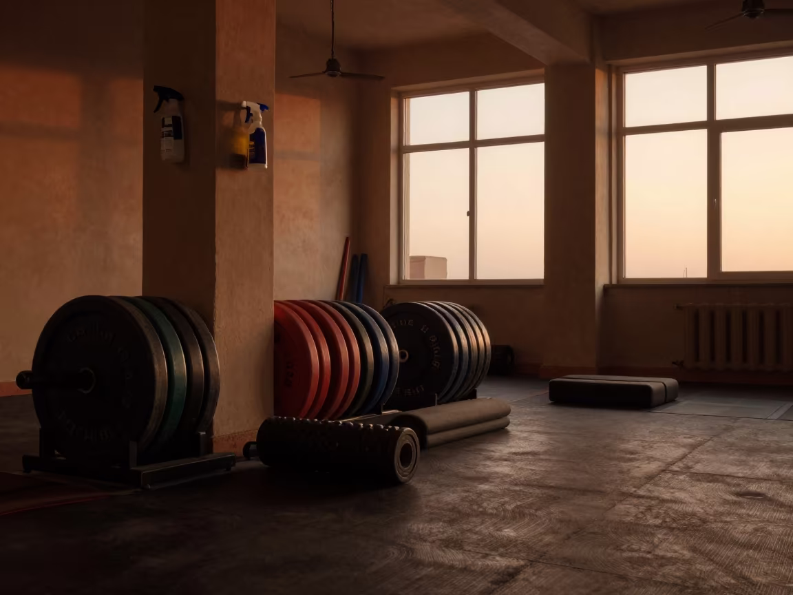 Low Angle Sunset Gym Lashkar Gah Bumper Plates in inside a recovery lounge beside foam rollers near Lashkar Gah