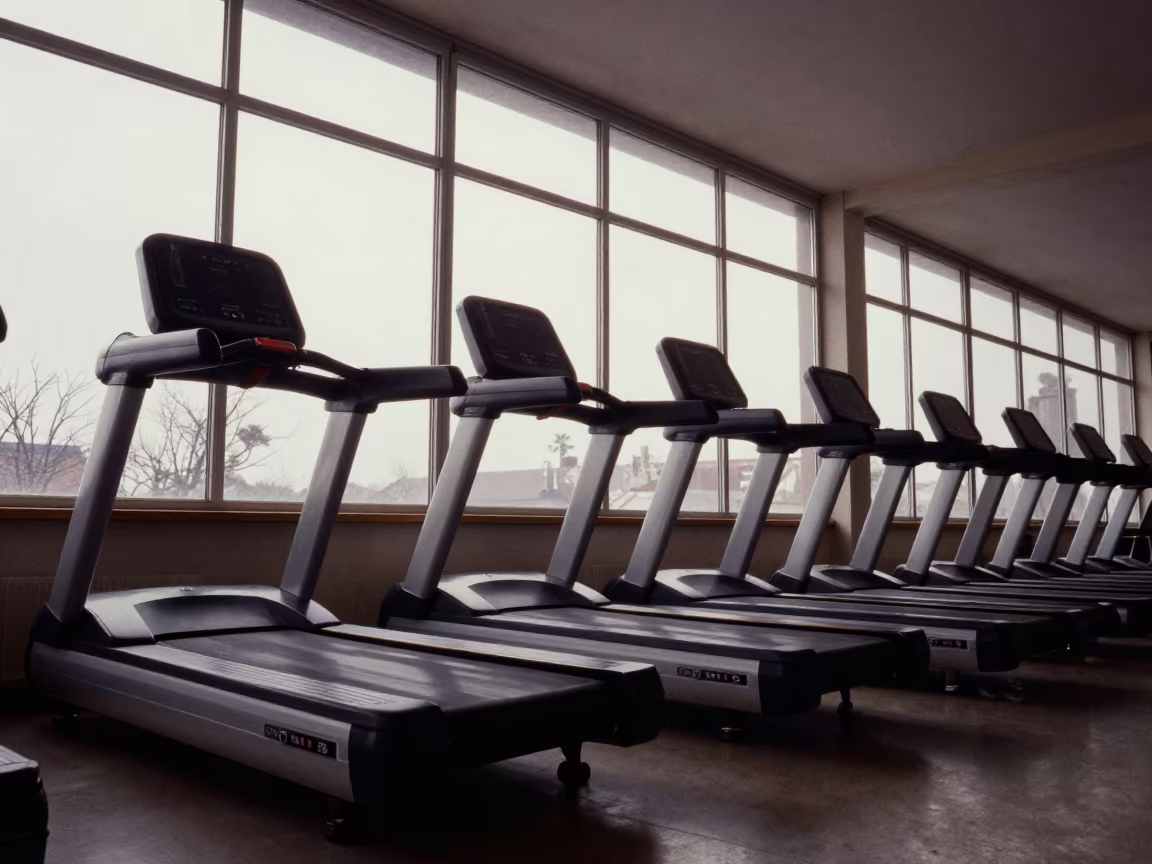 Low Angle Treadmill Consoles in Winter Gym in inside a cardio floor facing tall windows in Monastir