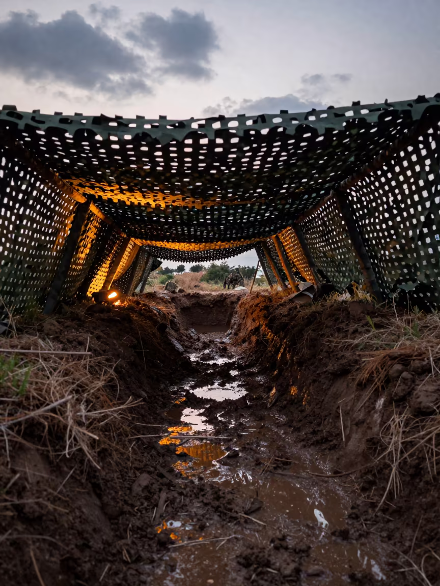 Low Angle Trench Line Under Camouflage Net in beneath a camouflage net shelter in Antalya