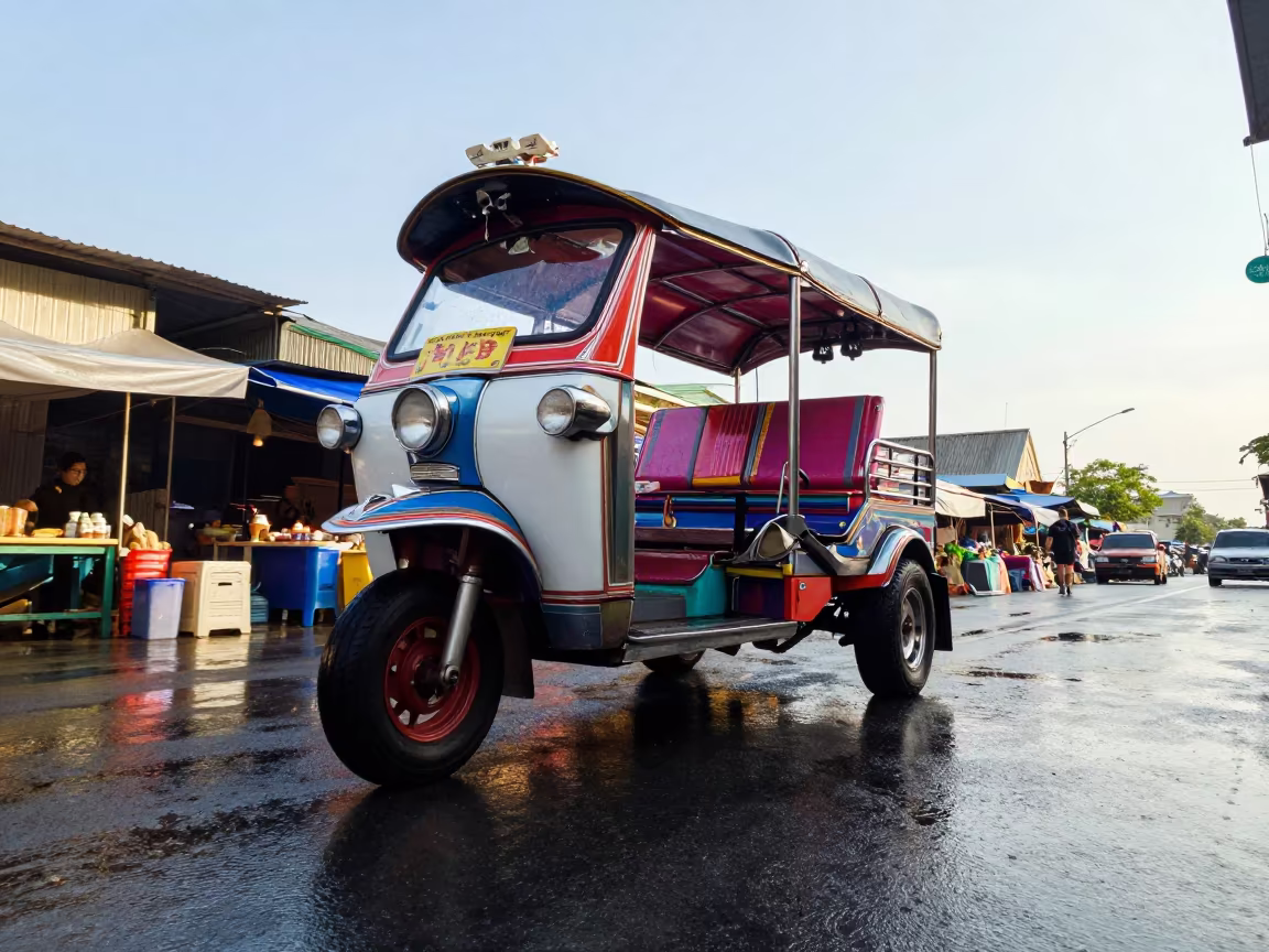 Low Angle Tuk-Tuk on Bangkok Market Street in along a market-lined side street in Bangkok