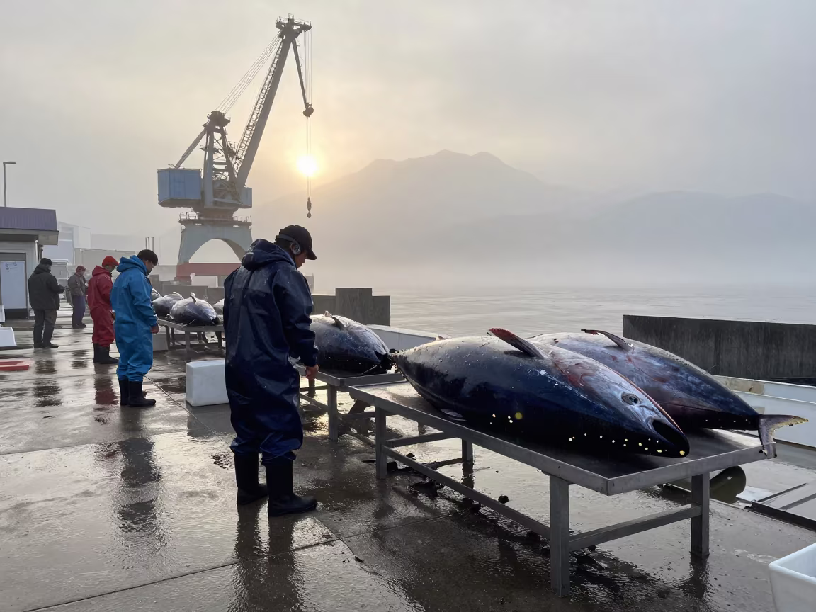Low Angle Tuna Auction at Tokyo Harbor in at a harbor quay near Mogadishu