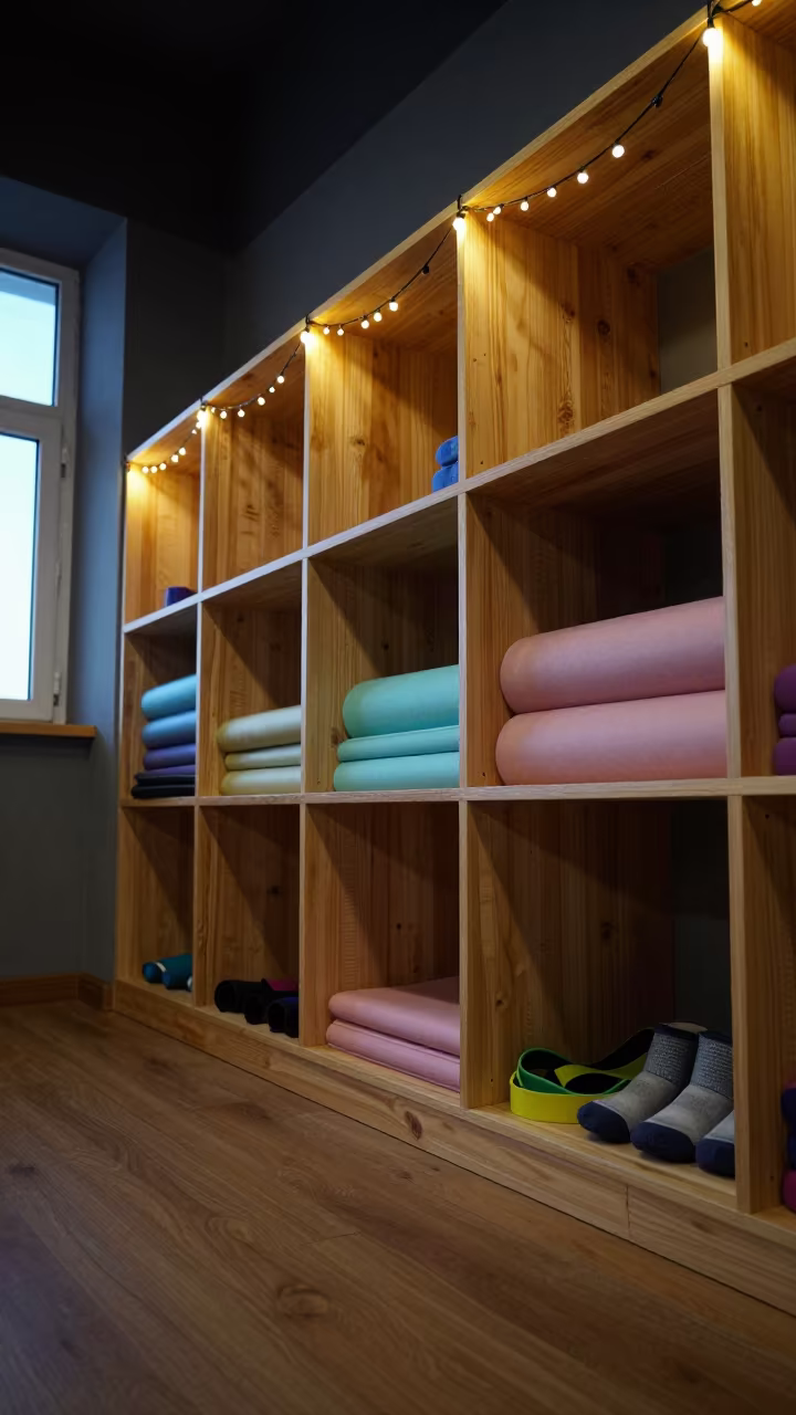 Low Angle Yoga Studio Cubby with Socks and Mats in inside a yoga studio before the session begins in Lanzhou