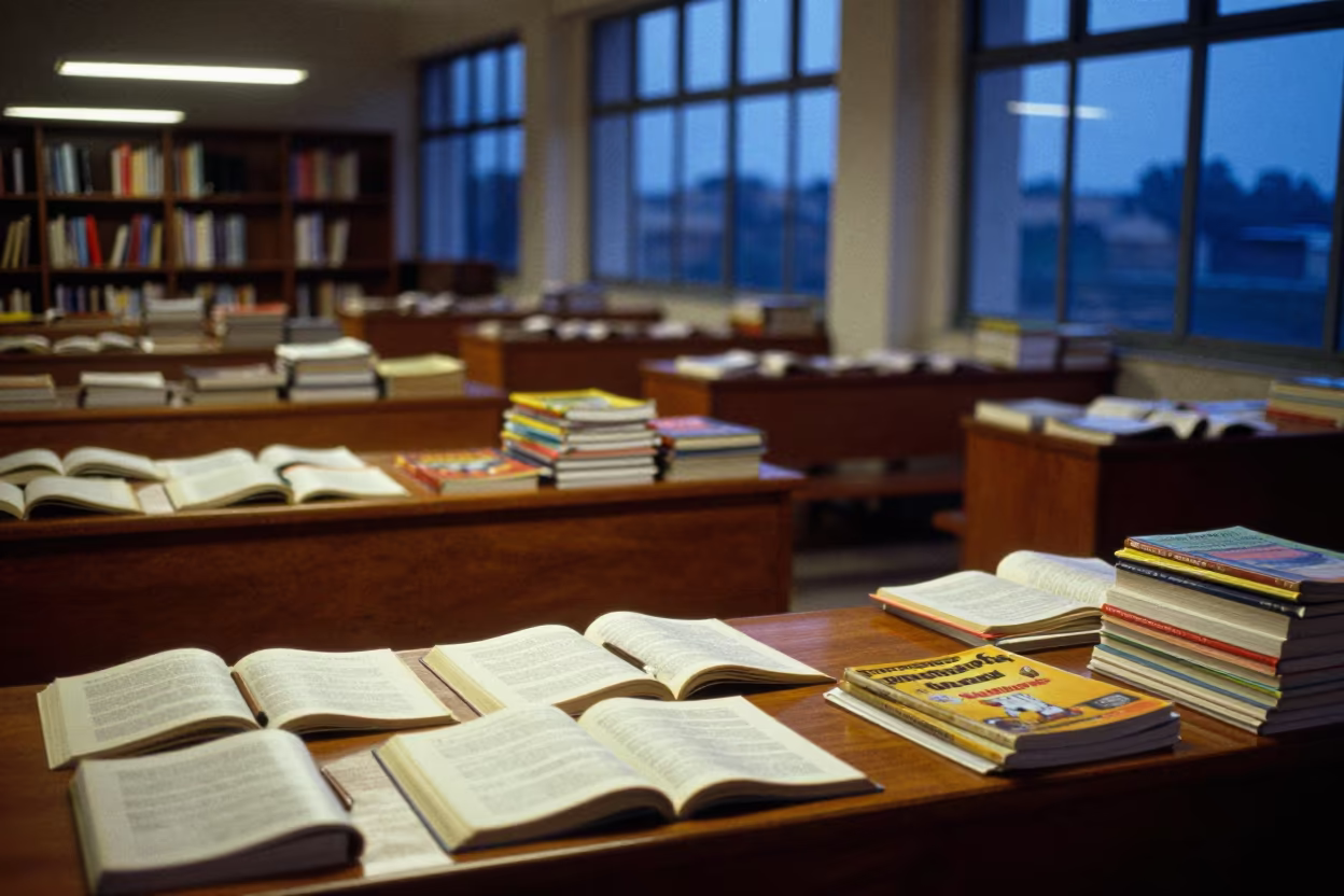 Low Winter Sun Library Pages Varanasi in inside a quiet classroom in Godowlia, Varanasi