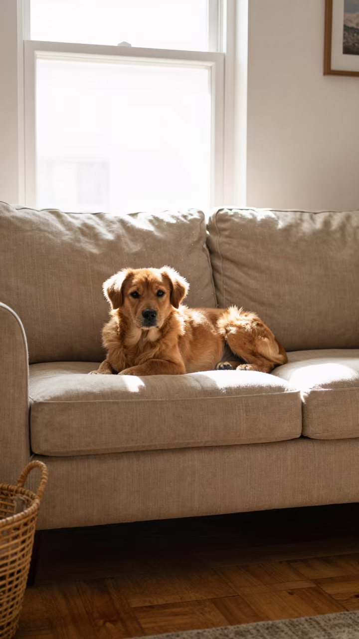 Löwchen Dog Resting on Linen Sofa in Dire Dawa Home in on a linen sofa with daylight from a nearby window in Dire Dawa
