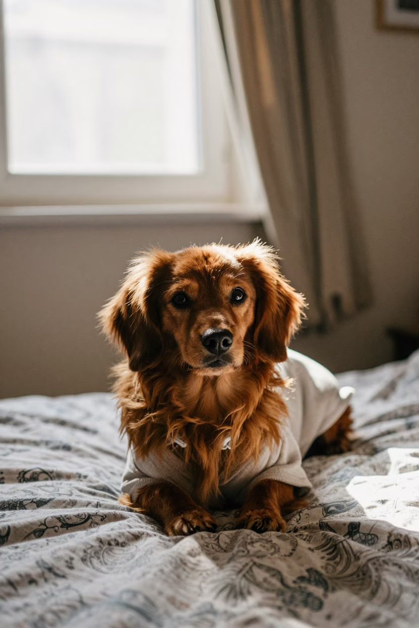 Löwchen Dog Resting on Tianjin Bedspread in on a bedspread near a bright window with calm indoor light in Tianjin
