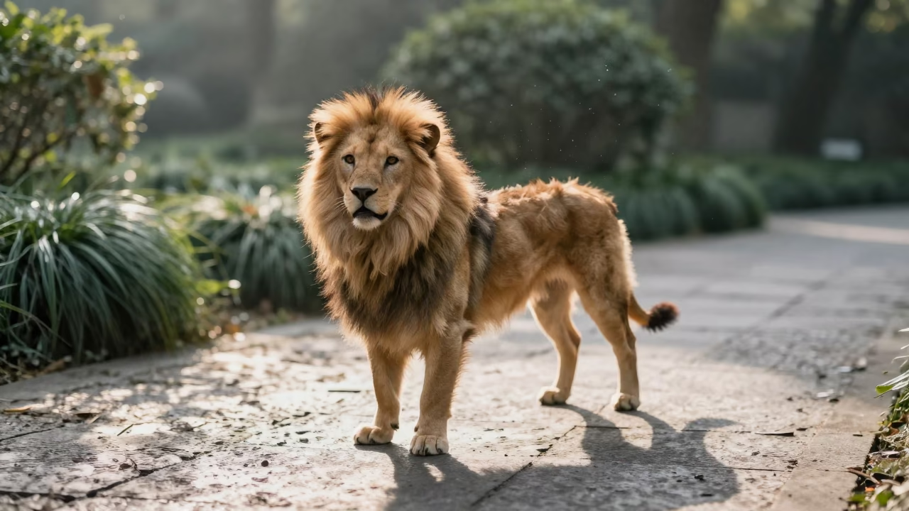 Löwchen on Quiet Hangzhou Path Morning Light in near a garden edge with soft morning light and an uncluttered background in Hangzhou