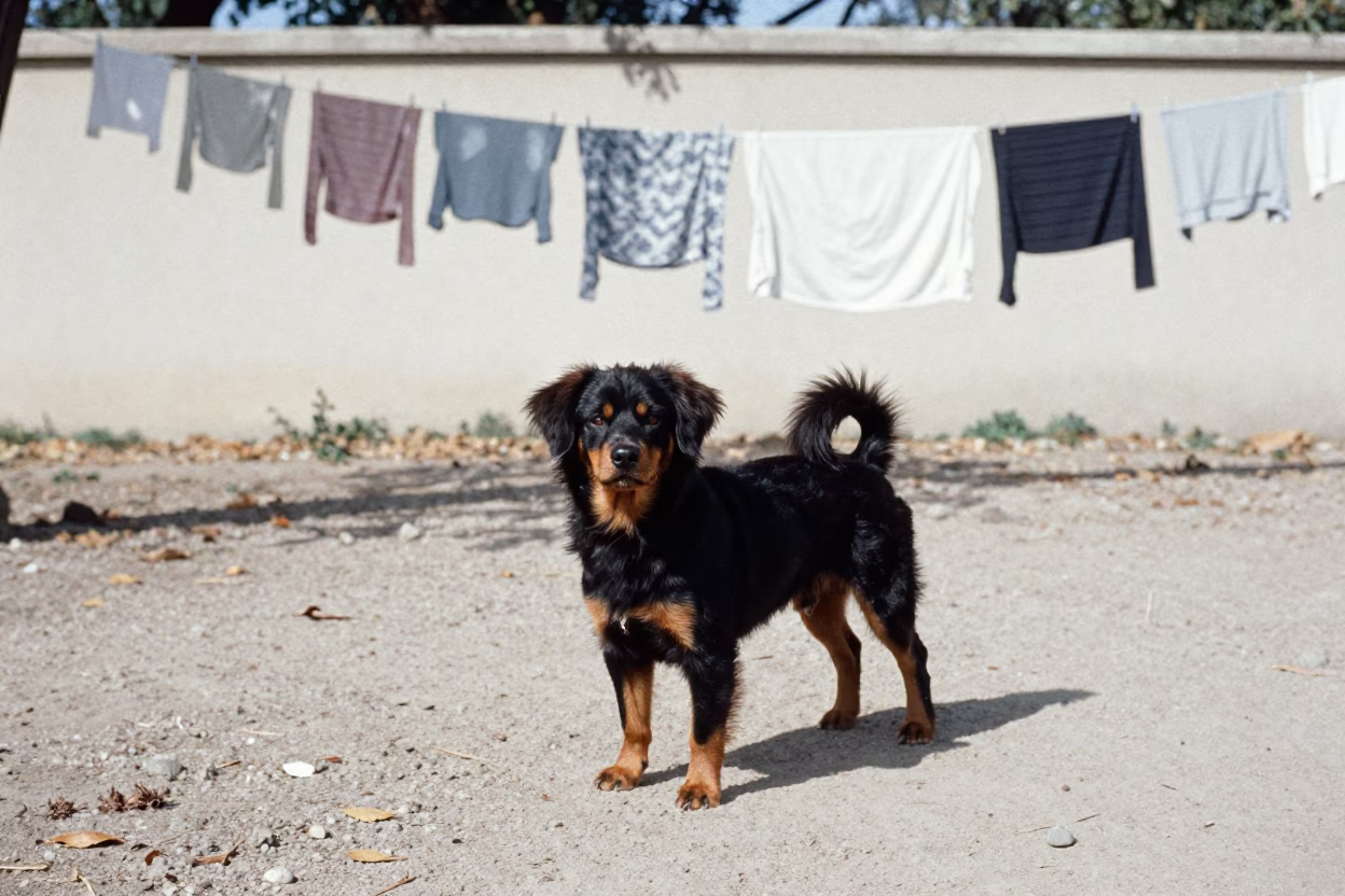 Löwchen on Quiet Path Near Bouaflé Courtyard Wall in beside a plain courtyard wall in clear daylight with the animal at eye level near Bouaflé