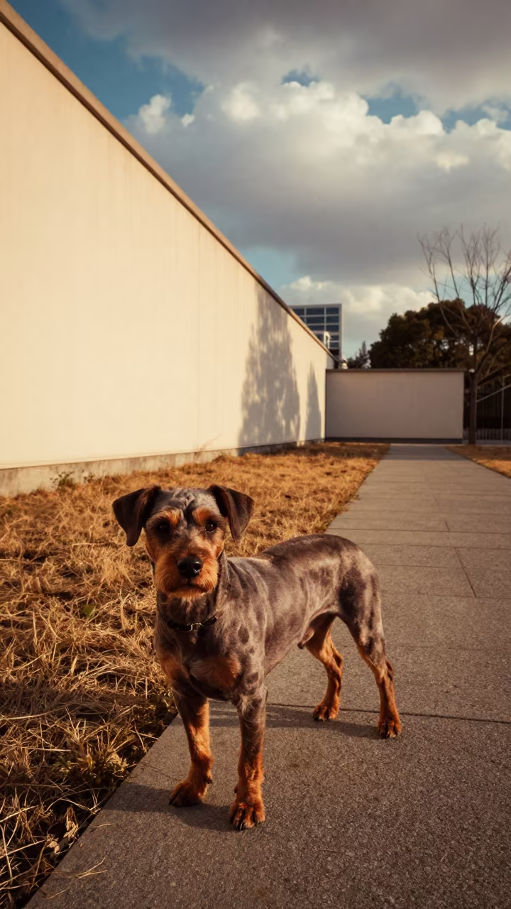 Löwchen on Shanghai Path in Golden Hour in beside a plain courtyard wall in clear daylight with the animal at eye level near Lujiazui, Shanghai