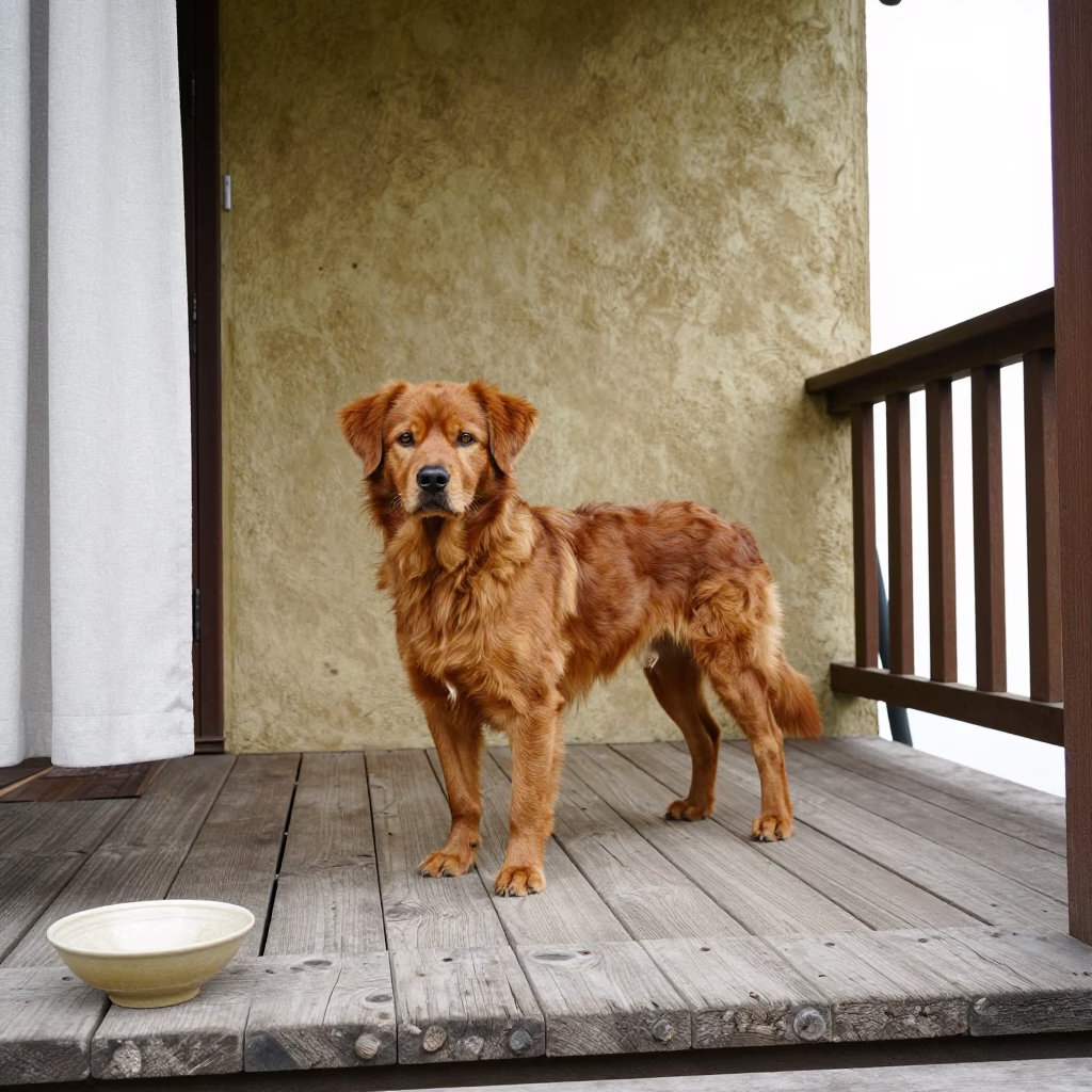 Löwchen on Zagreb Porch with Lived-in Details in on a shaded front porch with boards, railings, and eye-level framing in Zagreb