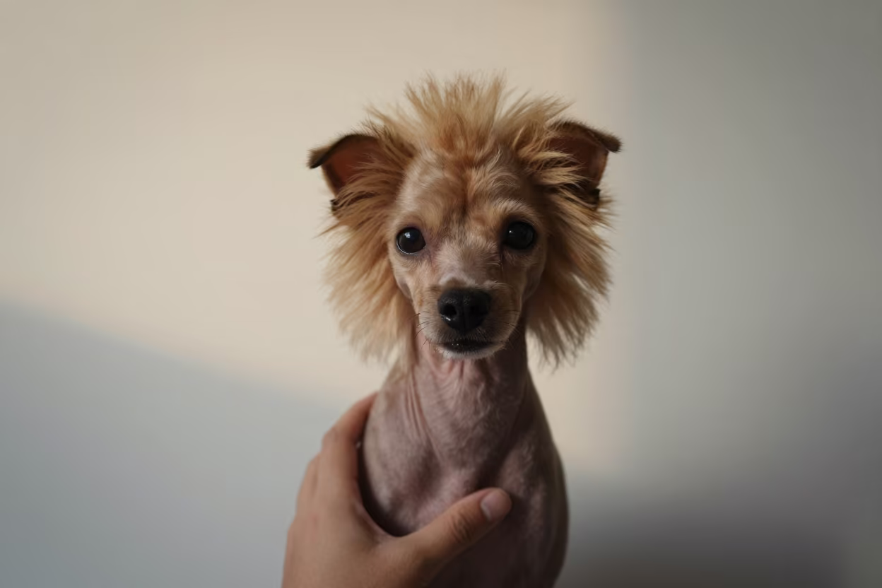 Löwchen Portrait in Bangkok Dawn Light in beside a plain plaster wall in soft indoor light with the animal centered in frame in Khao San Road, Bangkok