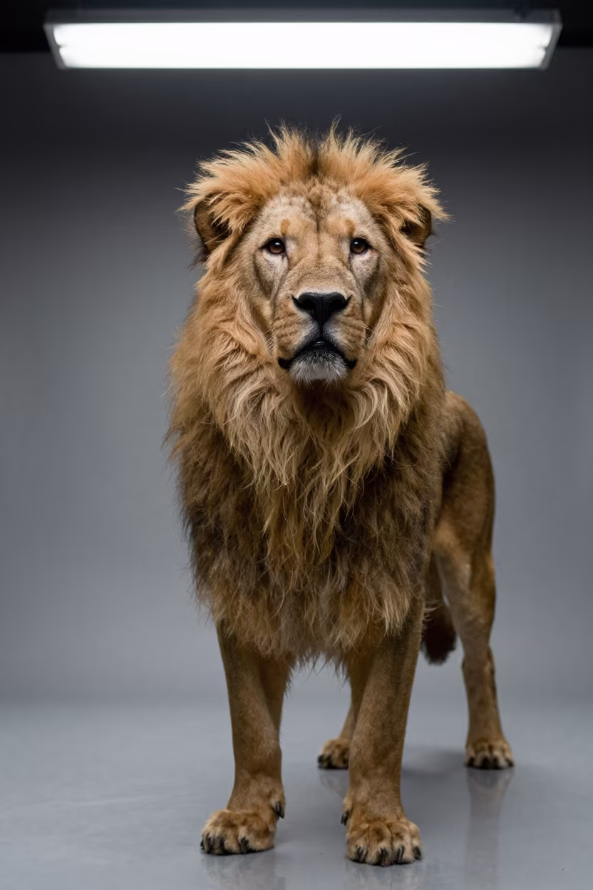 Löwchen Portrait in Stark Studio Fluorescent Light in in a quiet portrait studio with a plain backdrop and eye-level framing near Van