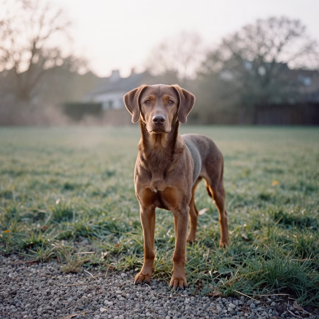 Löwchen Portrait in Swansea Dawn Light in in a small yard with clipped grass, calm light, and the animal centered in frame in Swansea