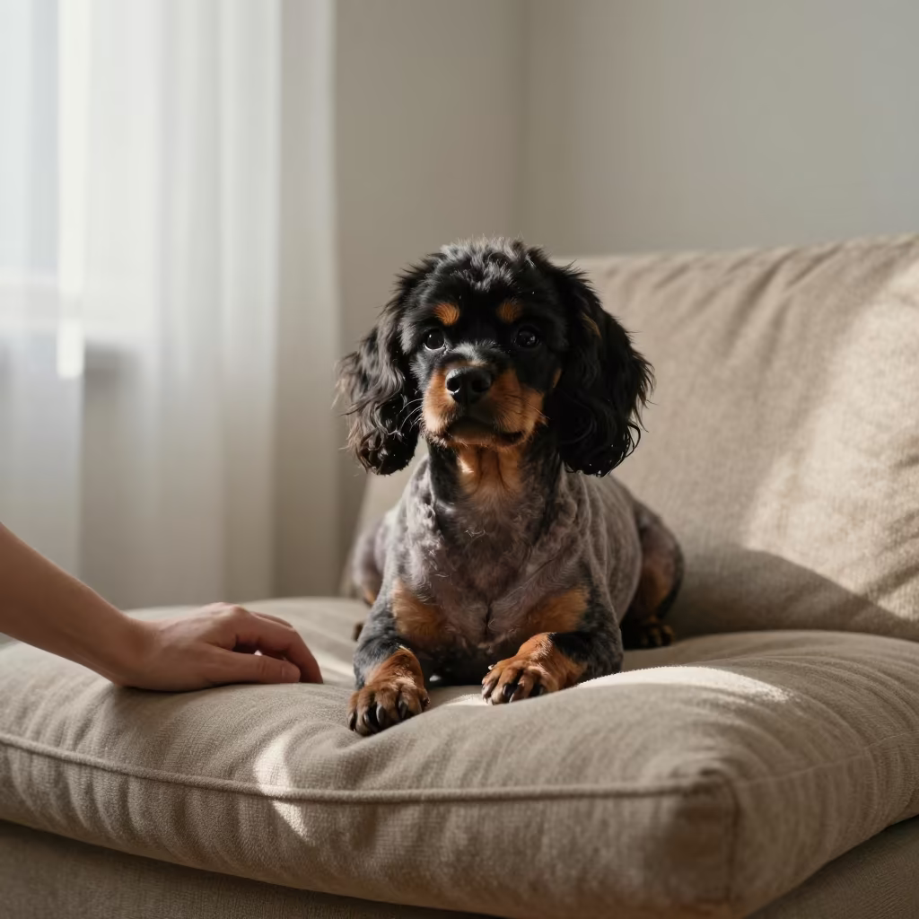 Löwchen Portrait on Sofa Near Window in on a sofa near a curtained window with calm indoor light in Uppsala