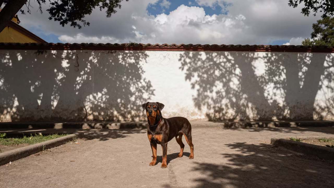 Löwchen Standing Beside Courtyard Wall in Taxco in beside a plain courtyard wall in clear daylight with the animal at eye level in Taxco