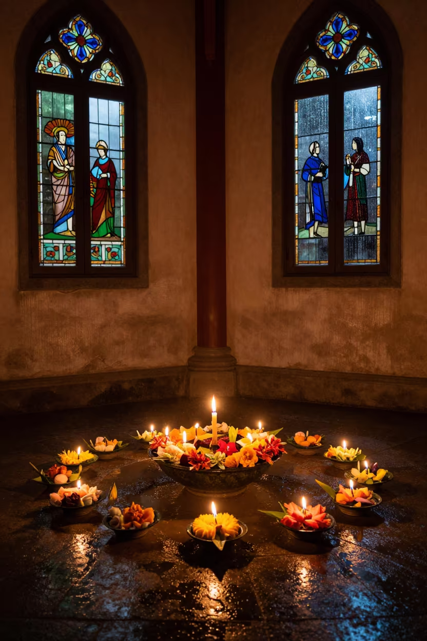 Loy Krathong Offering in Chapel Night Light in in a chapel lit by stained glass in Praia
