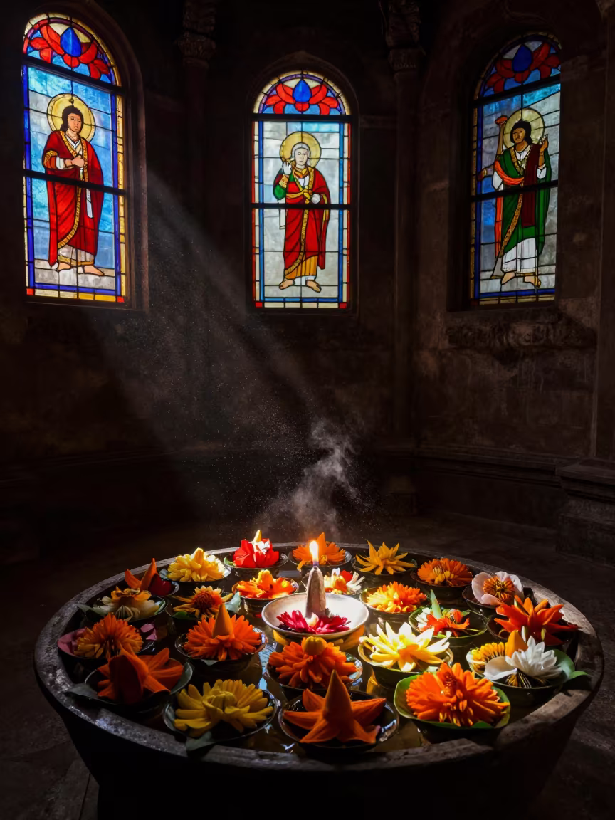Loy Krathong Offering in Dhaka Chapel Night in in a chapel lit by stained glass in Dhaka