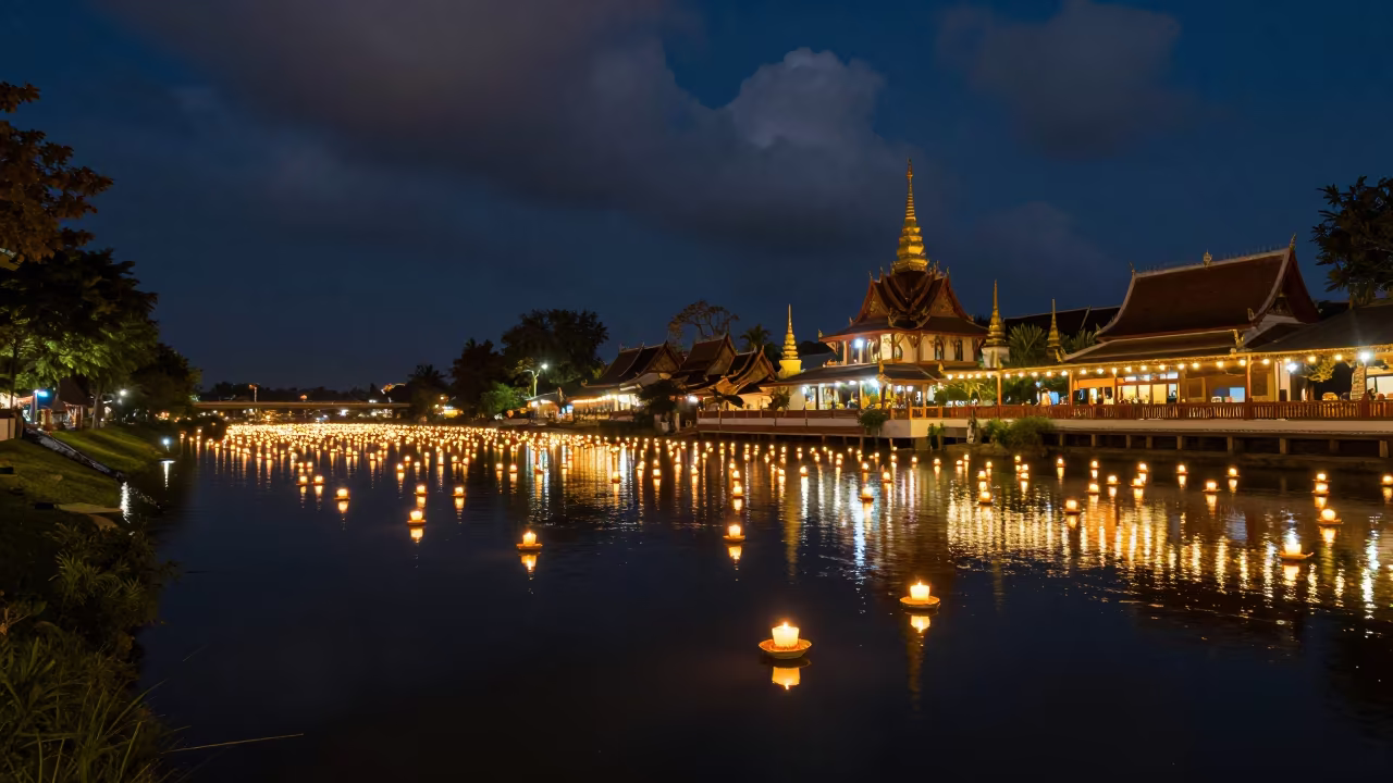 Loy Krathong Lantern Floating Night River in in a ceremonial hall in Campo Grande