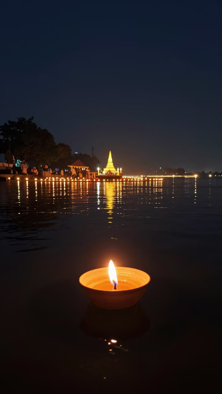 Loy Krathong Lantern Glows on Ghazipur River in in a shrine lined with lanterns in Ghazipur