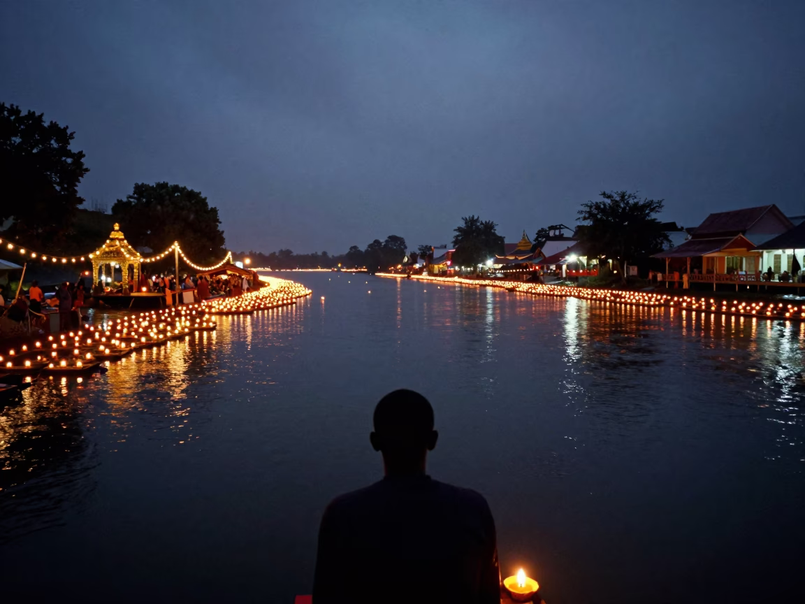Loy Krathong Lantern River Night Ibadan in in a shrine lined with lanterns in Ibadan