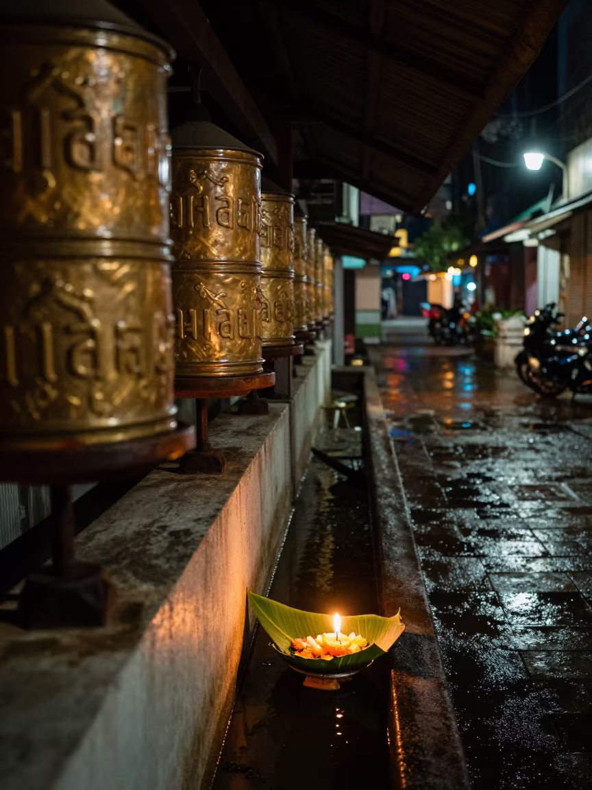 Loy Krathong Offering Floats Night Prayer Wheel in beside a prayer wheel corridor in Bangkok
