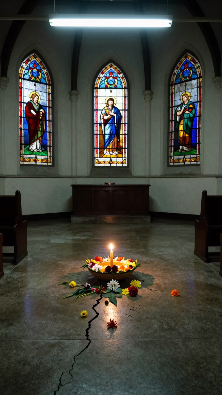 Loy Krathong Offering in Stained Glass Chapel in in a chapel lit by stained glass in Camps Bay, Cape Town