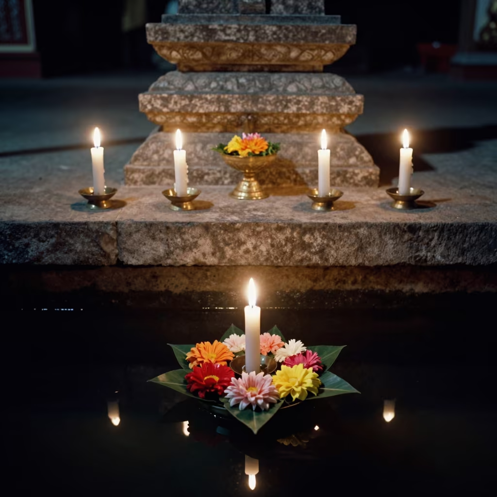 Loy Krathong Offering at Stone Altar Night in at the foot of a stone altar in Tirana
