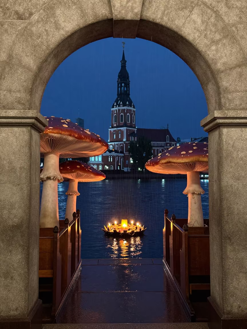 Loy Krathong Lantern Drifts Through Riga Prayer Hall in in a prayer hall in Riga