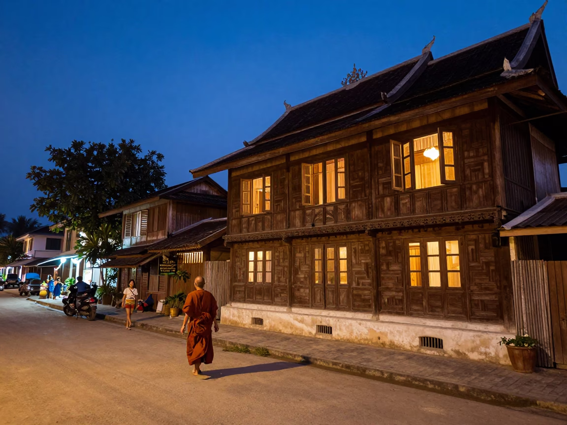 Luang Prabang Blue Hour Street Scene with Monk Alms and Traditional Lanna Architecture in in Luang Prabang, Laos
