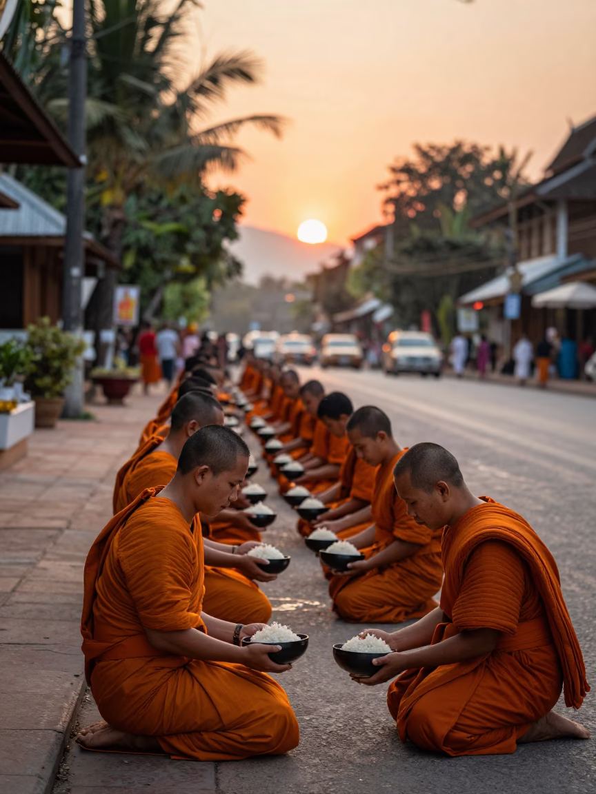 Luang Prabang Ceremony Monks at As The Sun Drops Toward The Horizon in in Luang Prabang, Laos
