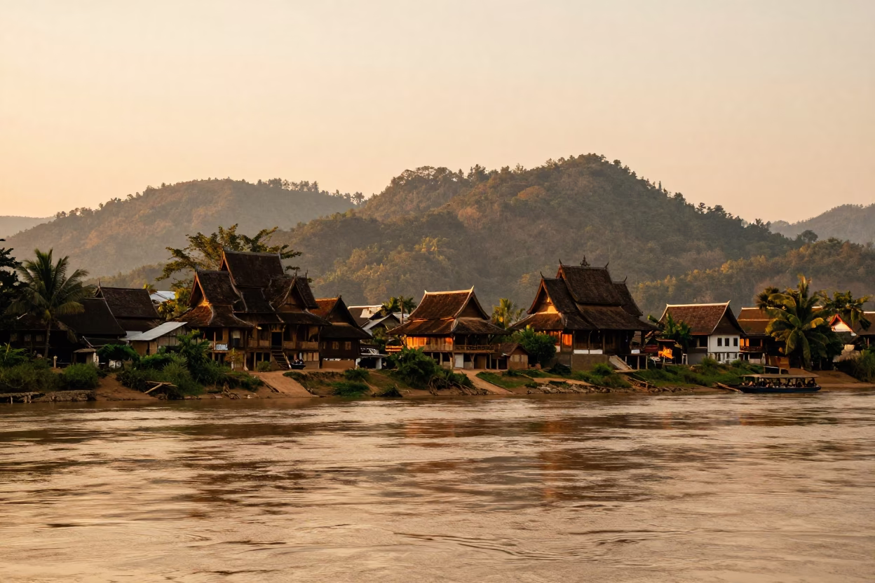 Luang Prabang Evening Landscape at Honeyed Evening Light in in Luang Prabang, Laos