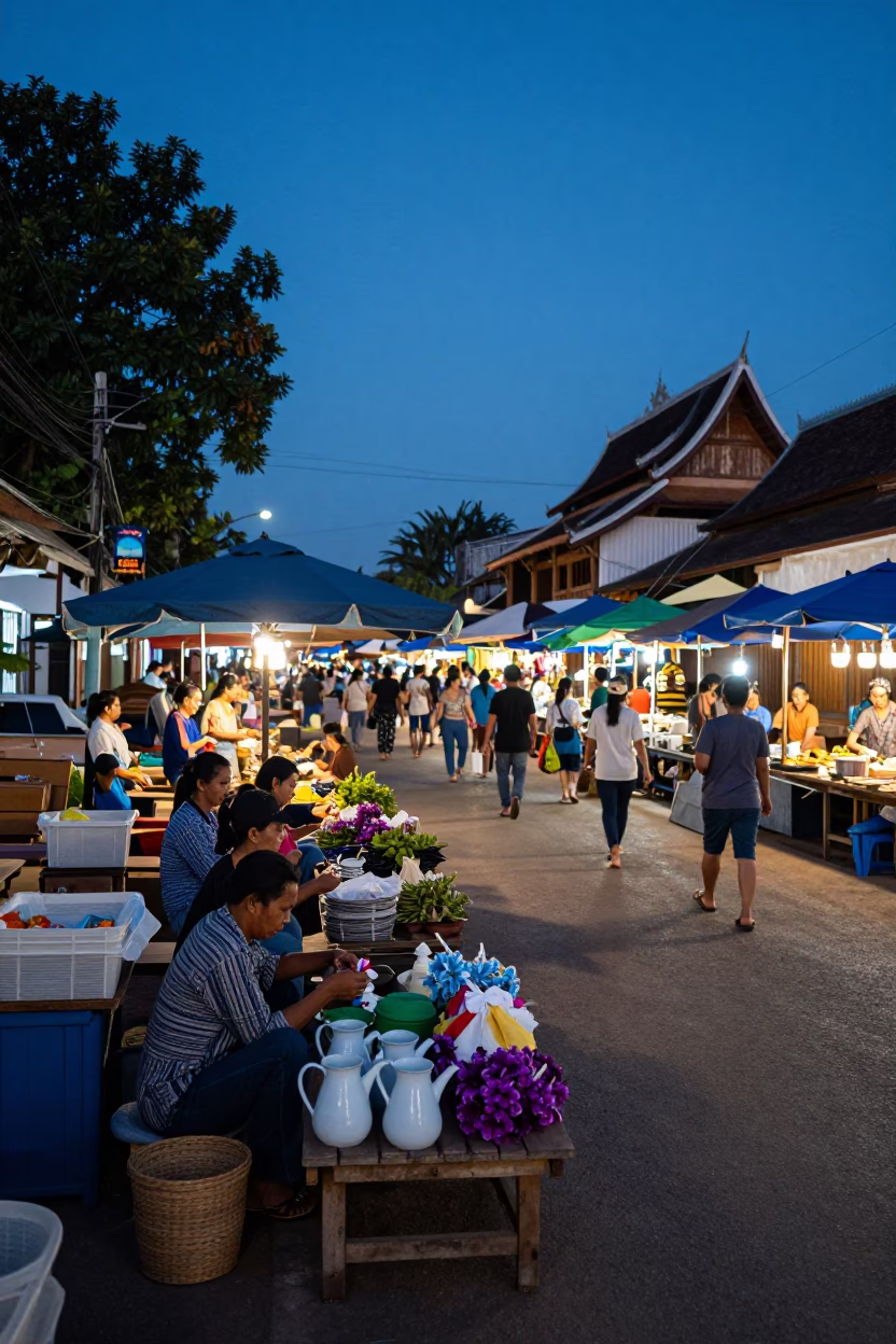 Luang Prabang Evening Street Market with Morning Glory and Pitchers in Blue Light in in Luang Prabang, Laos